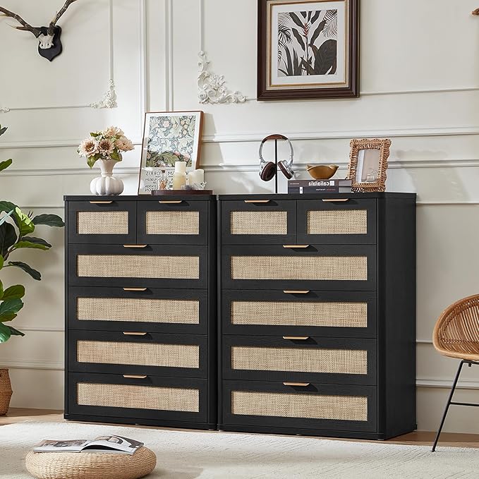 LEYAOYAO Rattan Dresser, 42" Tall 6-Drawer Chest