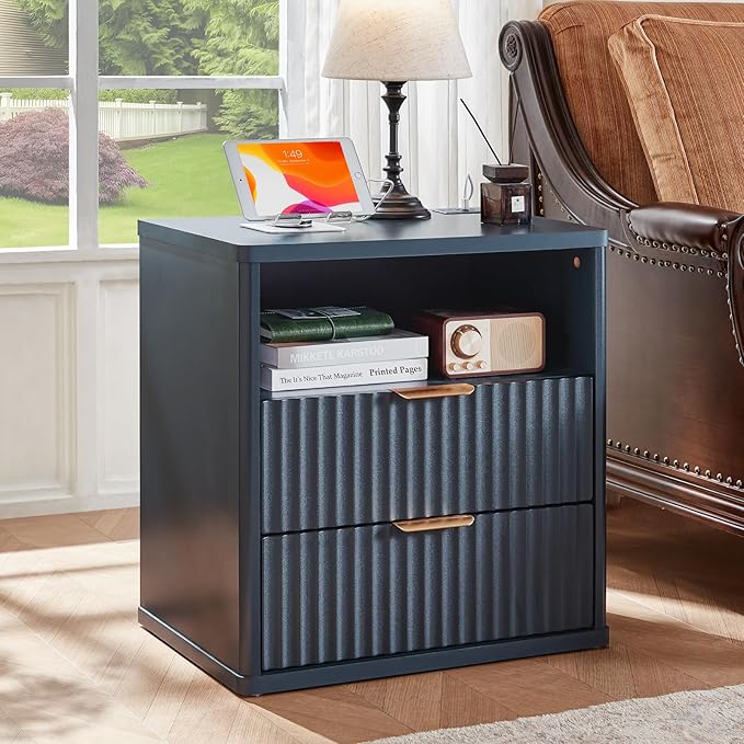 LEYAOYAO Fluted Nightstand with Charging Station (2 Drawers)