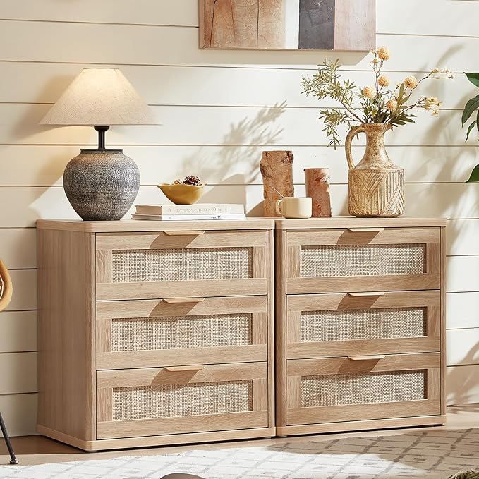 LEYAOYAO Rattan Nightstand Set of 2, 3-Drawer
