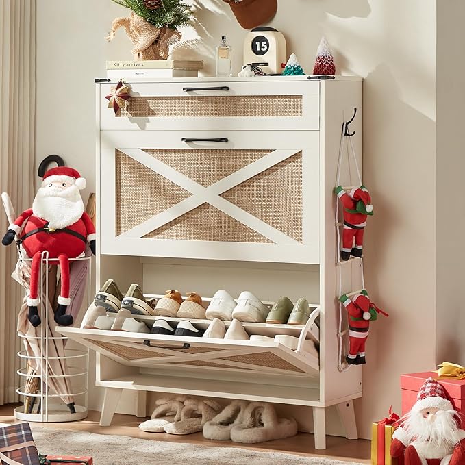 LEYAOYAO Shoe Storage Cabinet with 2 Rattan Flip Drawers